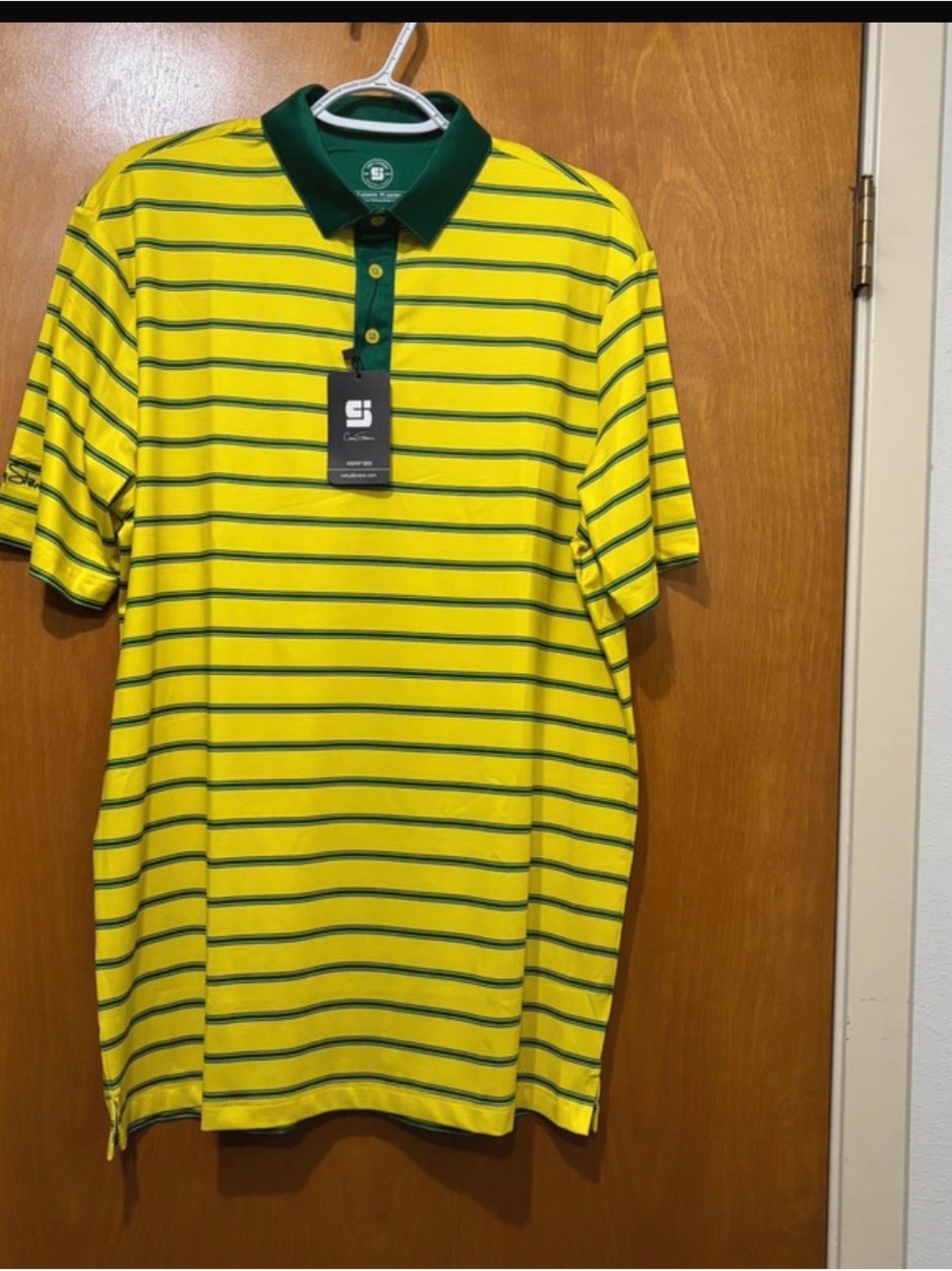 Striped Yellow Polo with Green Collar - Men's Casual Golf Shirt